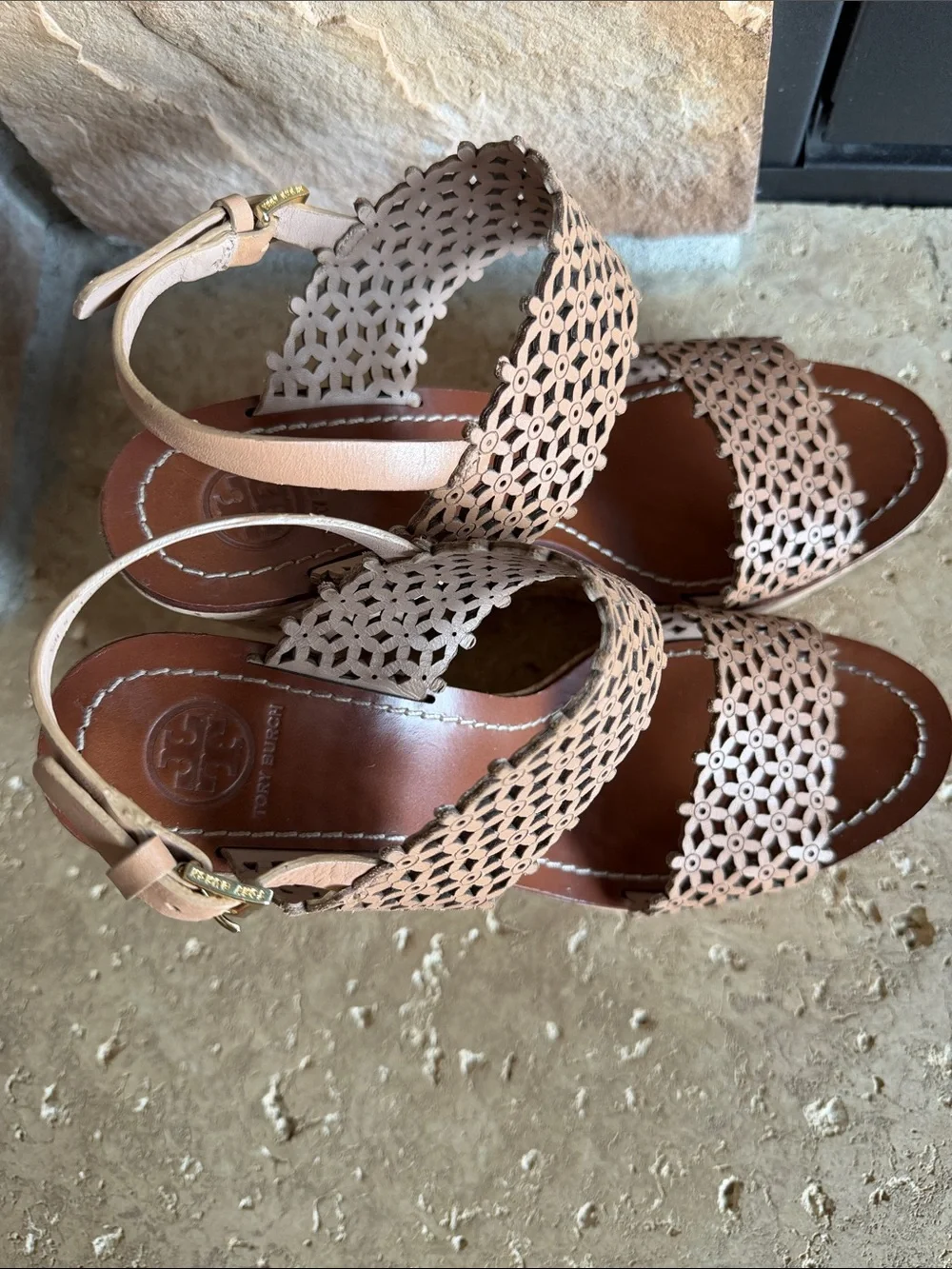 Tory Burch Tan Leather with Laser-Cut outs and Cork Wedge Sandals sz 9.5